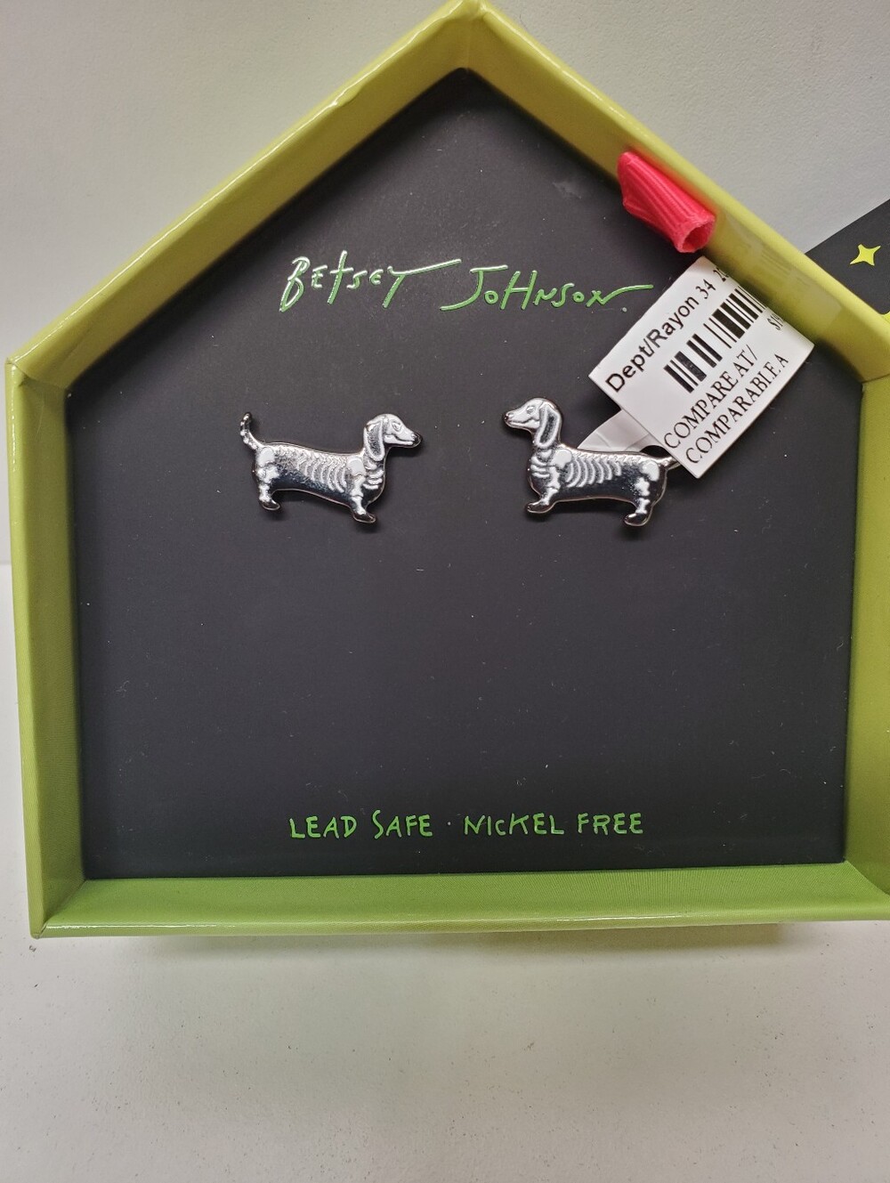 Betsey Johnson Halloween Skeleton Dachshund Wiener Dog Stud Earrings Silver Tone